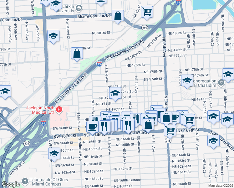map of restaurants, bars, coffee shops, grocery stores, and more near 17200 Northeast 3rd Avenue in North Miami Beach