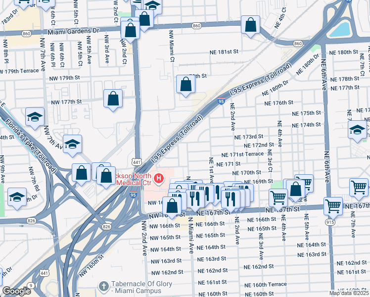 map of restaurants, bars, coffee shops, grocery stores, and more near 17265 North Miami Avenue in North Miami Beach