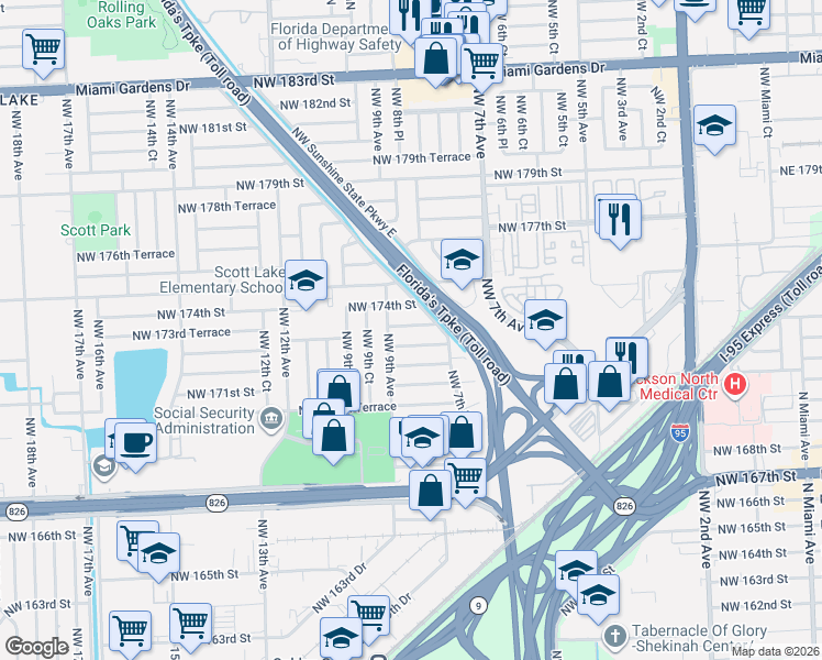 map of restaurants, bars, coffee shops, grocery stores, and more near 831 Northwest 173rd Terrace in Miami