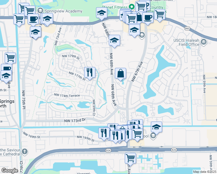 map of restaurants, bars, coffee shops, grocery stores, and more near 6816 Golfside Villas Road in Hialeah