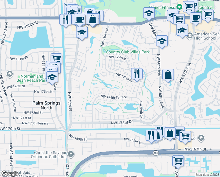 map of restaurants, bars, coffee shops, grocery stores, and more near 7281 Northwest 174th Terrace in Hialeah