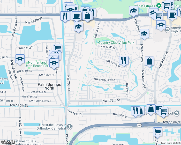 map of restaurants, bars, coffee shops, grocery stores, and more near 7353 Northwest 174th Terrace in Hialeah
