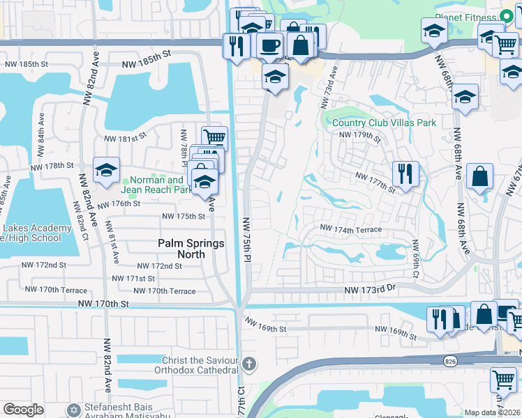 map of restaurants, bars, coffee shops, grocery stores, and more near 7502 Northwest 176th Street in Hialeah