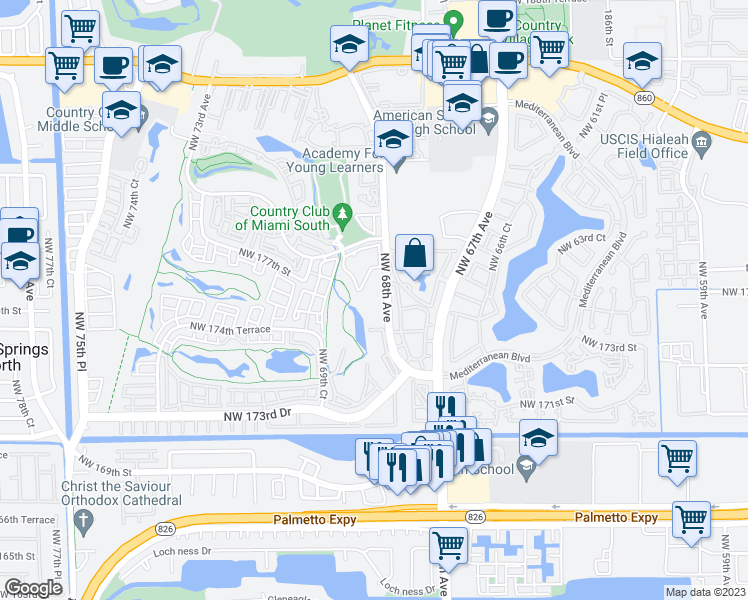 map of restaurants, bars, coffee shops, grocery stores, and more near 6816 Golfside Villas Road in Hialeah