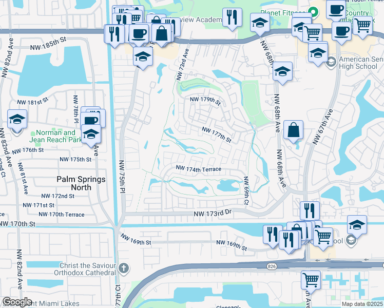 map of restaurants, bars, coffee shops, grocery stores, and more near 7281 Northwest 174th Terrace in Hialeah