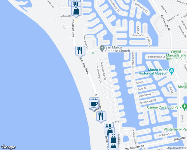 map of restaurants, bars, coffee shops, grocery stores, and more near 221 South Collier Boulevard in Marco Island