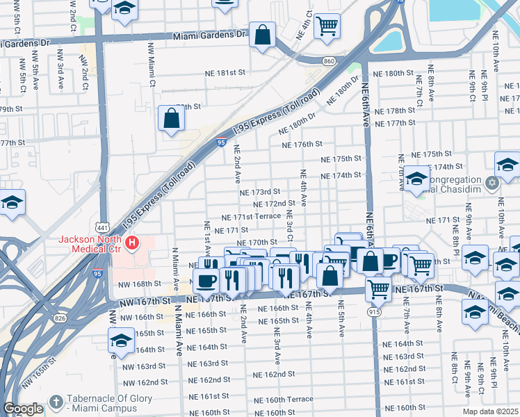 map of restaurants, bars, coffee shops, grocery stores, and more near 17200 Northeast 3rd Avenue in North Miami Beach