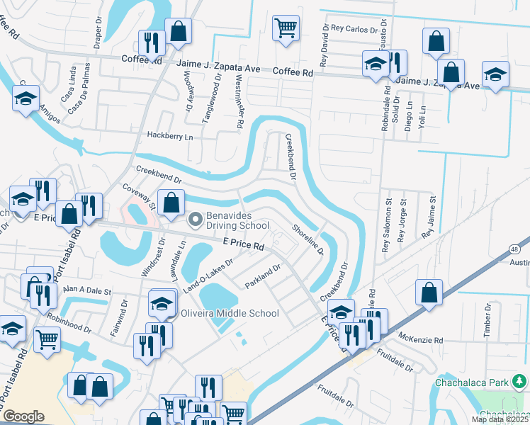map of restaurants, bars, coffee shops, grocery stores, and more near 117 Shoreline Drive in Brownsville