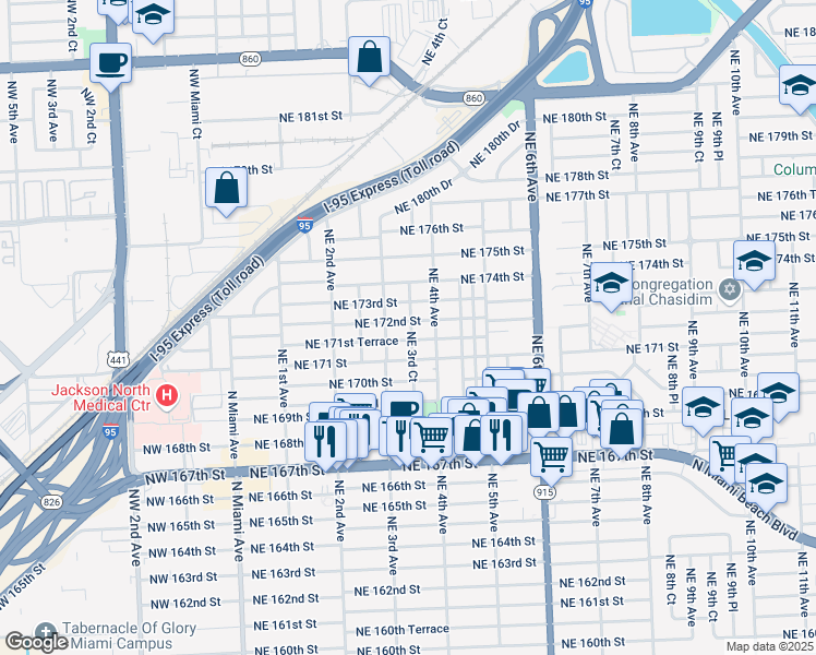 map of restaurants, bars, coffee shops, grocery stores, and more near 375 Northeast 172nd Street in North Miami Beach