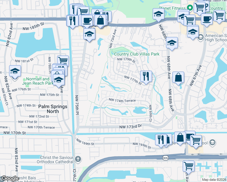 map of restaurants, bars, coffee shops, grocery stores, and more near 7353 Northwest 174th Terrace in Hialeah
