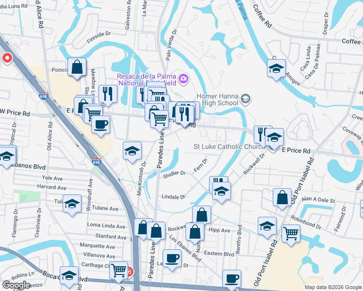 map of restaurants, bars, coffee shops, grocery stores, and more near 54 South Price Road in Brownsville