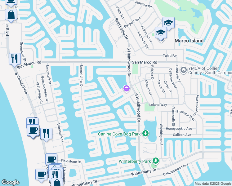 map of restaurants, bars, coffee shops, grocery stores, and more near 1224 Whiteheart Avenue in Marco Island