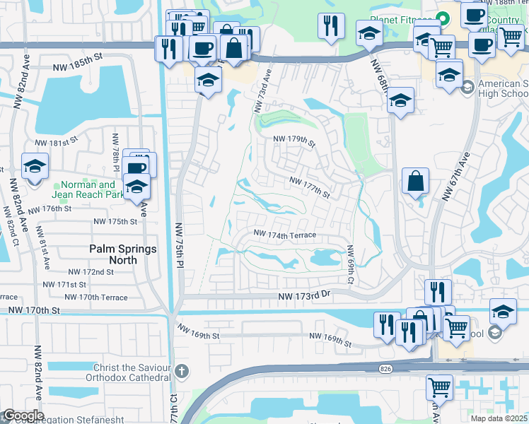 map of restaurants, bars, coffee shops, grocery stores, and more near 7353 Northwest 174th Terrace in Hialeah