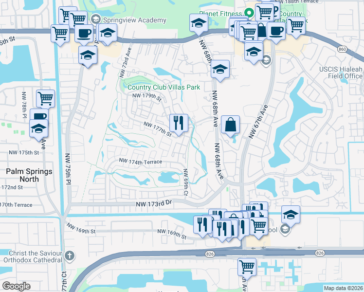 map of restaurants, bars, coffee shops, grocery stores, and more near 6912 Northwest 179th Street in Hialeah