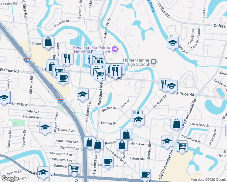 map of restaurants, bars, coffee shops, grocery stores, and more near 54 South Price Road in Brownsville