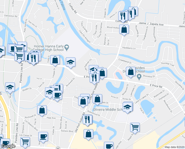 map of restaurants, bars, coffee shops, grocery stores, and more near 4207 Las Palmas Circle in Brownsville