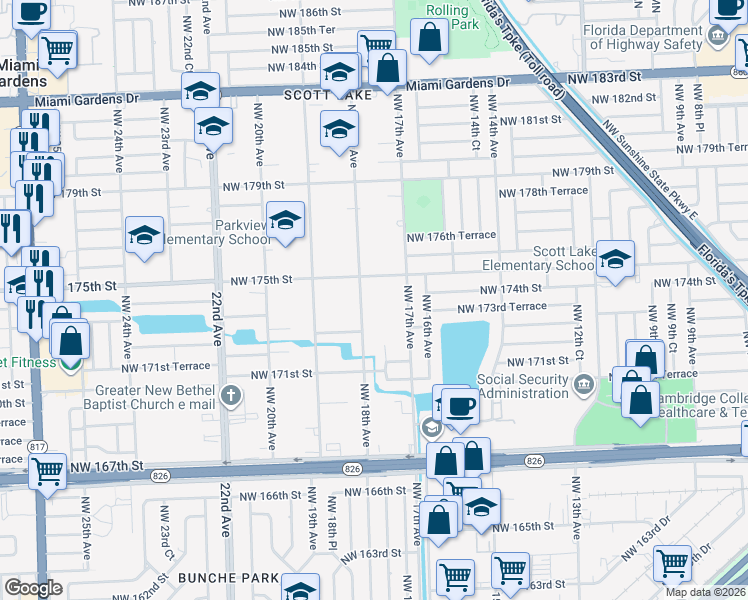 map of restaurants, bars, coffee shops, grocery stores, and more near 17405 Northwest 18th Avenue in Miami Gardens