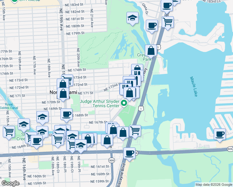 map of restaurants, bars, coffee shops, grocery stores, and more near 2230 Northeast 171 Street in North Miami Beach