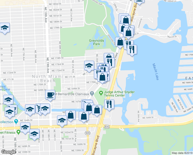 map of restaurants, bars, coffee shops, grocery stores, and more near 2300 Northeast 171 Street in North Miami Beach