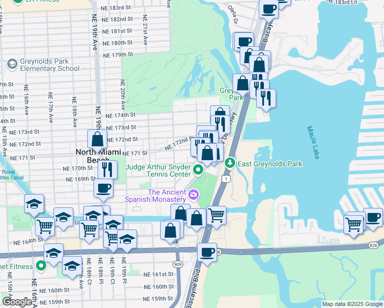 map of restaurants, bars, coffee shops, grocery stores, and more near 2300 Northeast 171 Street in North Miami Beach