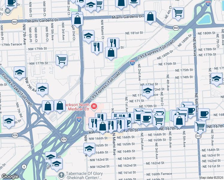 map of restaurants, bars, coffee shops, grocery stores, and more near 17265 North Miami Avenue in North Miami Beach