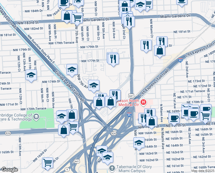 map of restaurants, bars, coffee shops, grocery stores, and more near 17151 Northwest 7th Avenue Extension in Miami Gardens