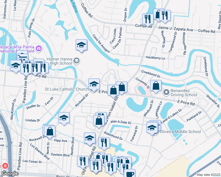 map of restaurants, bars, coffee shops, grocery stores, and more near 4207 Las Palmas Circle in Brownsville