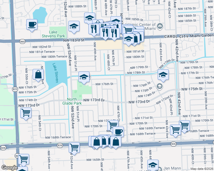 map of restaurants, bars, coffee shops, grocery stores, and more near 4831 Northwest 176th Street in Miami Gardens