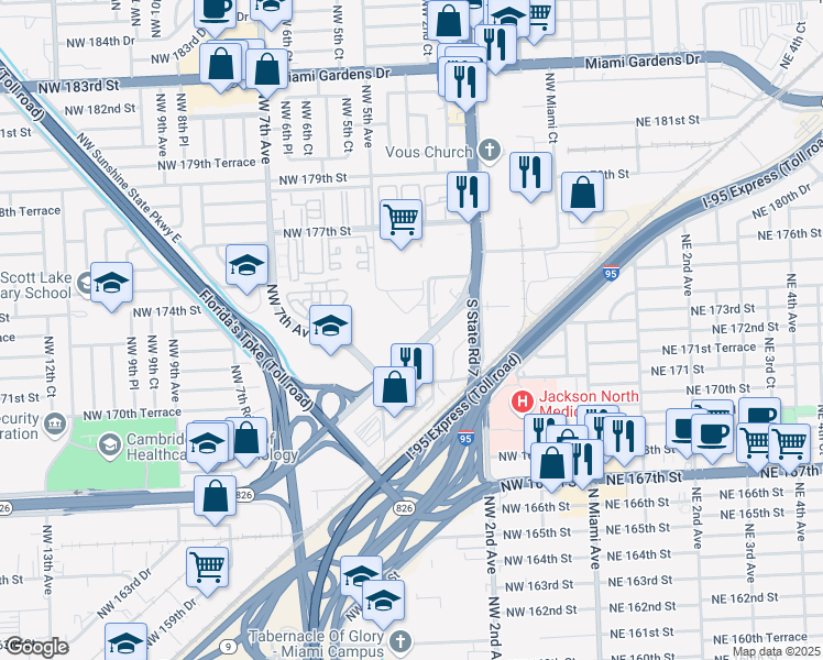 map of restaurants, bars, coffee shops, grocery stores, and more near 17650 Northwest 2nd Avenue in Miami Gardens