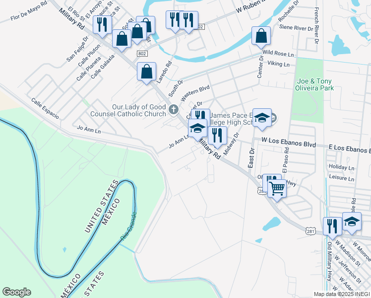map of restaurants, bars, coffee shops, grocery stores, and more near 855 Military Highway in Brownsville