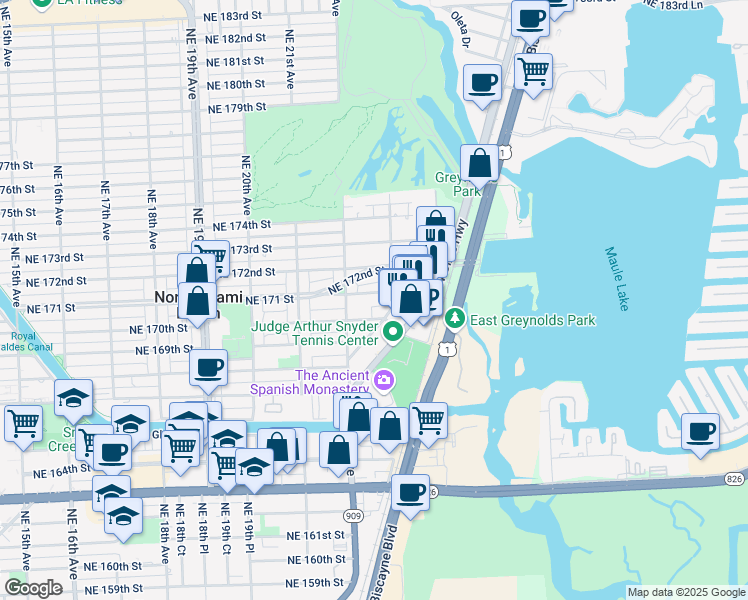 map of restaurants, bars, coffee shops, grocery stores, and more near 2250 Northeast 171 Street in North Miami Beach