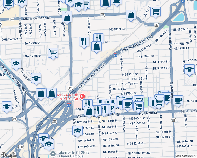map of restaurants, bars, coffee shops, grocery stores, and more near 17265 North Miami Avenue in North Miami Beach