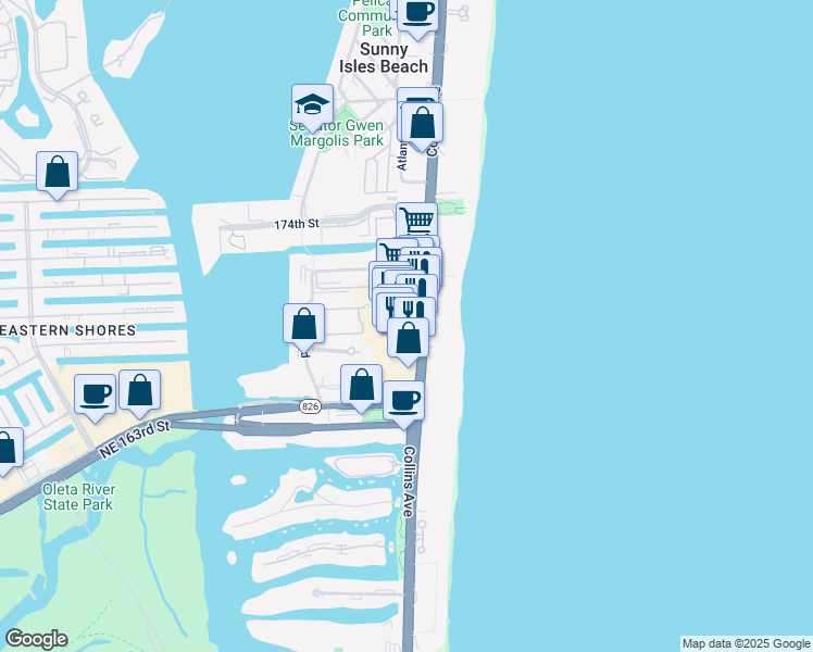 map of restaurants, bars, coffee shops, grocery stores, and more near 17026 Collins Avenue in Sunny Isles Beach