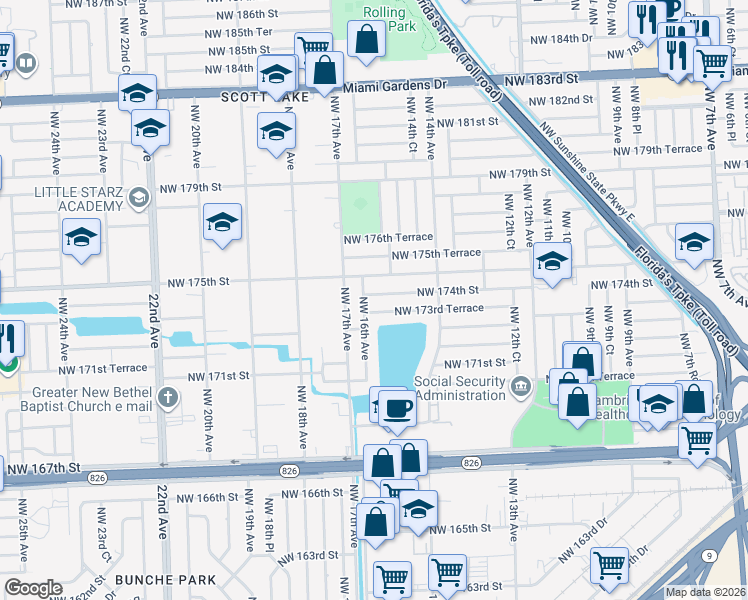 map of restaurants, bars, coffee shops, grocery stores, and more near 1530 Northwest 174th Street in Miami