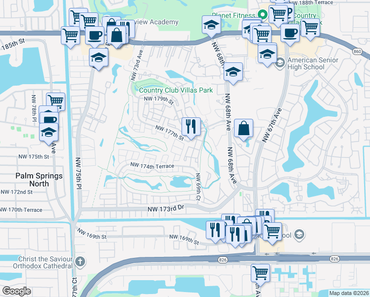 map of restaurants, bars, coffee shops, grocery stores, and more near 6970 Northwest 177th Street in Hialeah