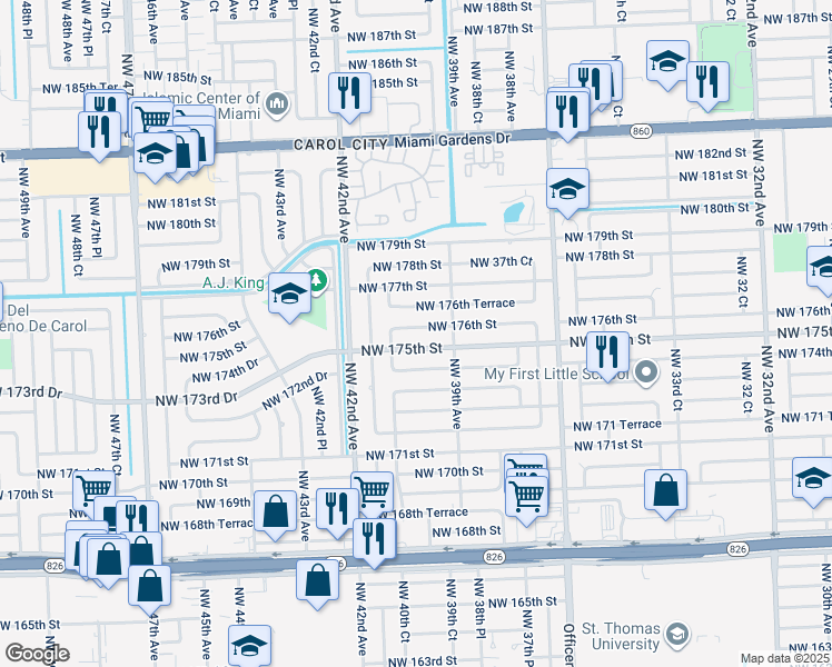 map of restaurants, bars, coffee shops, grocery stores, and more near 3950 Northwest 176th Street in Miami Gardens