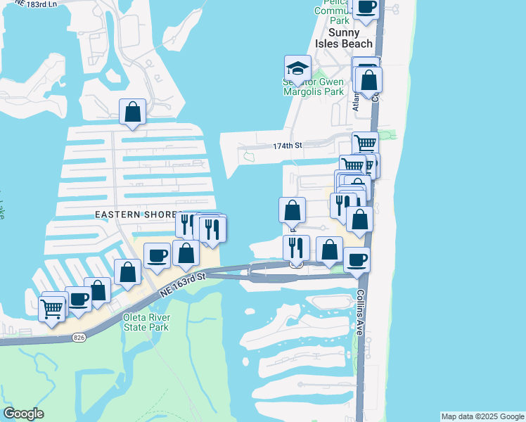 map of restaurants, bars, coffee shops, grocery stores, and more near 17050 North Bay Road in Sunny Isles Beach