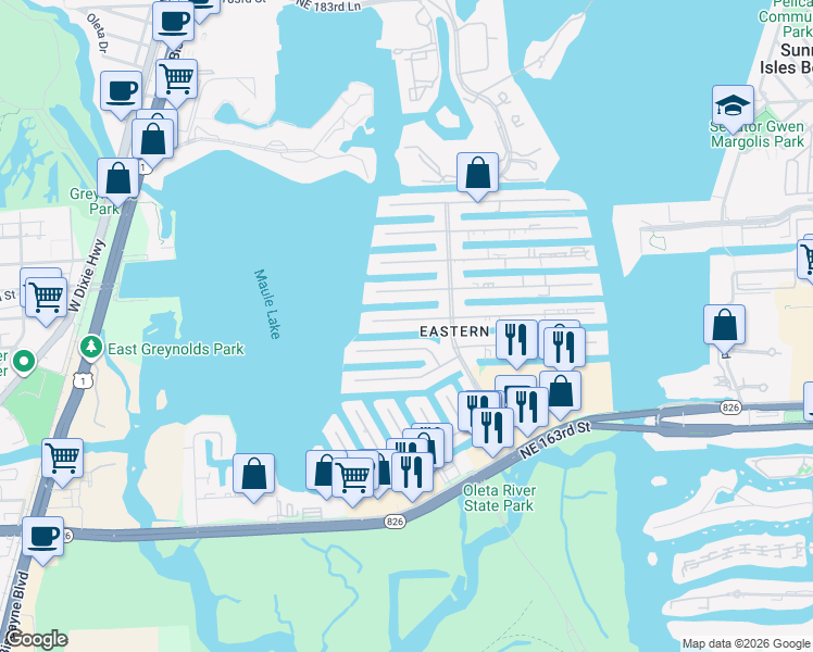 map of restaurants, bars, coffee shops, grocery stores, and more near 3344 Northeast 167th Street in North Miami Beach