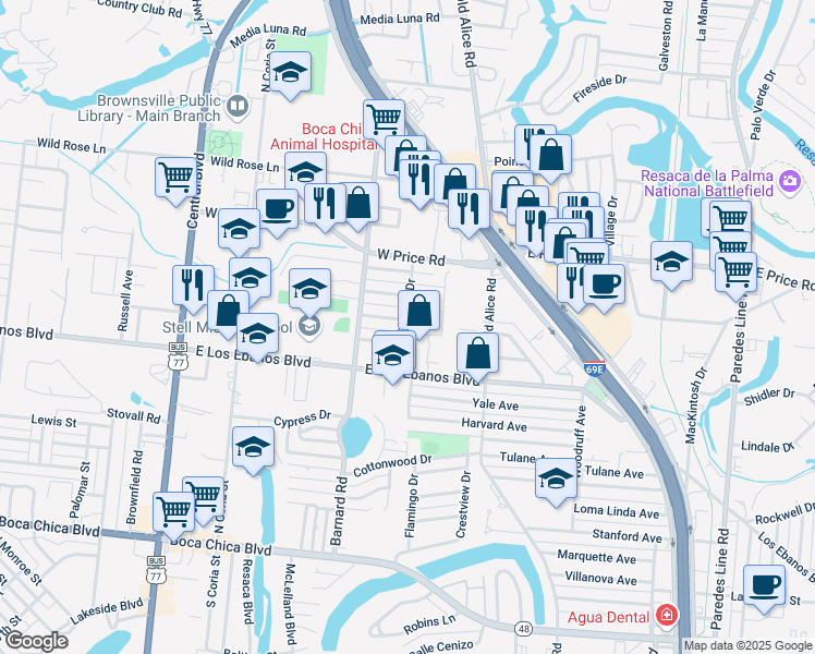map of restaurants, bars, coffee shops, grocery stores, and more near 1304 Duranta Lane in Brownsville