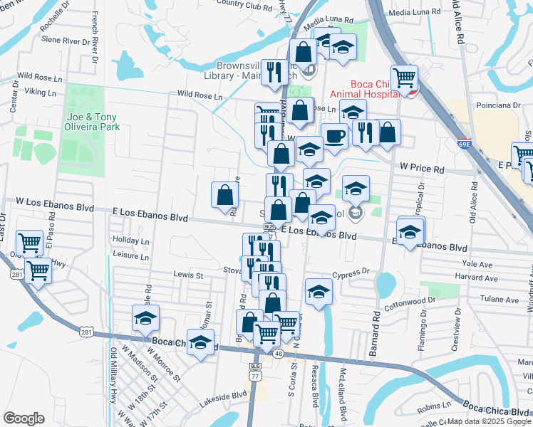 map of restaurants, bars, coffee shops, grocery stores, and more near 2035 Central Boulevard in Brownsville