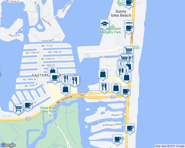 map of restaurants, bars, coffee shops, grocery stores, and more near 17050 North Bay Road in North Miami Beach
