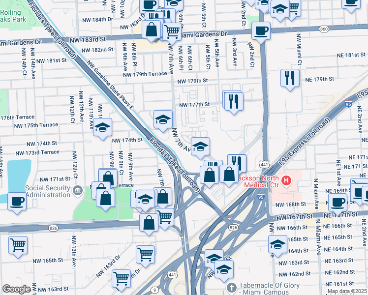 map of restaurants, bars, coffee shops, grocery stores, and more near in Miami Gardens