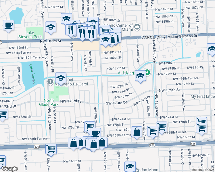 map of restaurants, bars, coffee shops, grocery stores, and more near 17611 Northwest 47th Avenue in Miami Gardens