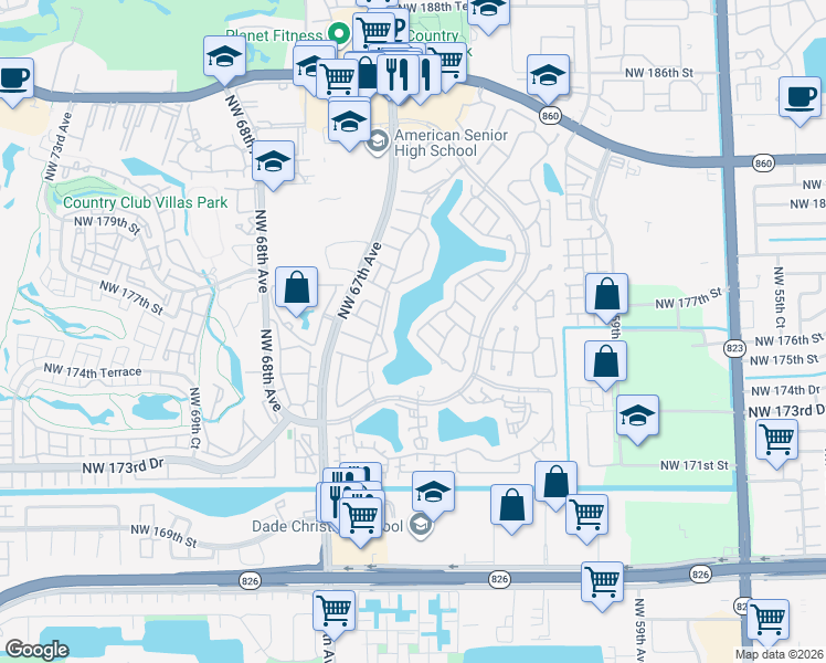 map of restaurants, bars, coffee shops, grocery stores, and more near 6340 Northwest 173rd Terrace in Hialeah