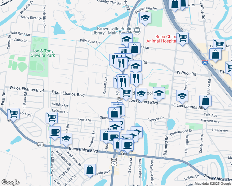 map of restaurants, bars, coffee shops, grocery stores, and more near 2035 Central Boulevard in Brownsville