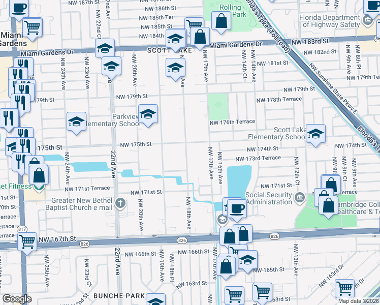 map of restaurants, bars, coffee shops, grocery stores, and more near 17405 Northwest 18th Avenue in Miami Gardens
