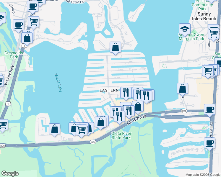 map of restaurants, bars, coffee shops, grocery stores, and more near 3464 Northeast 167th Street in North Miami Beach