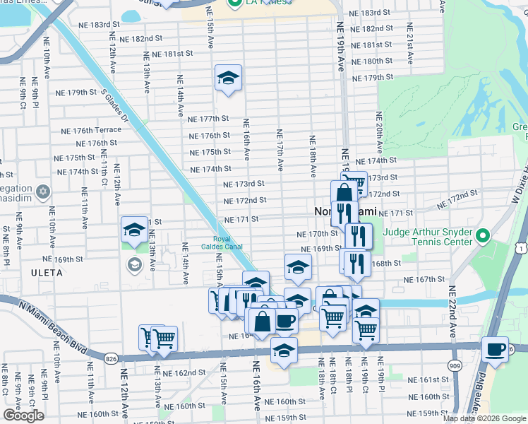 map of restaurants, bars, coffee shops, grocery stores, and more near 1649 Northeast 171 Street in North Miami Beach