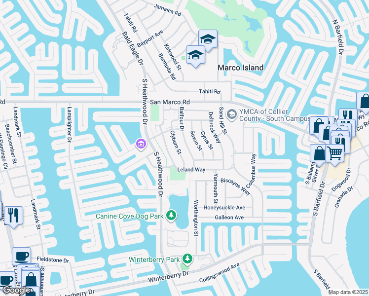 map of restaurants, bars, coffee shops, grocery stores, and more near 150 Balfour Drive in Marco Island