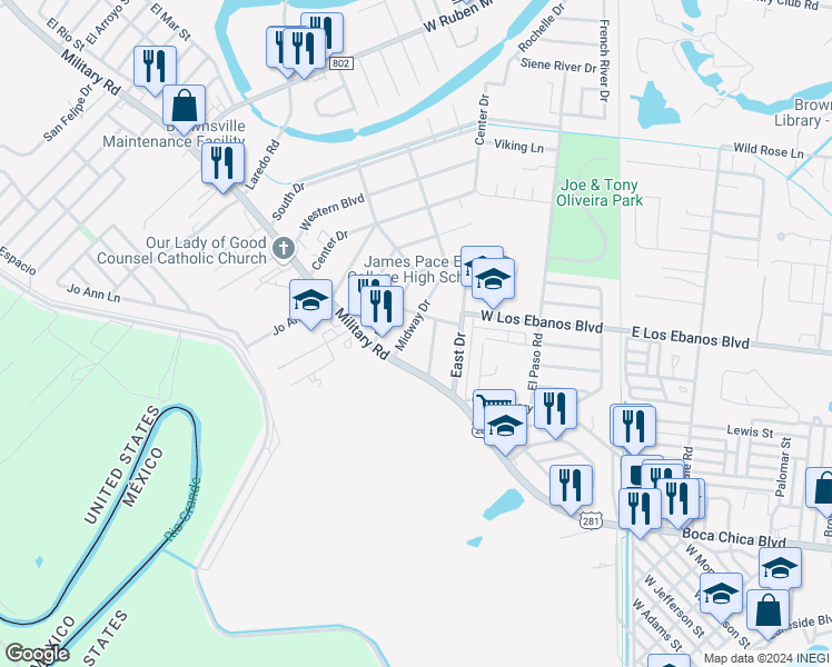 map of restaurants, bars, coffee shops, grocery stores, and more near 40 Midway Drive in Brownsville